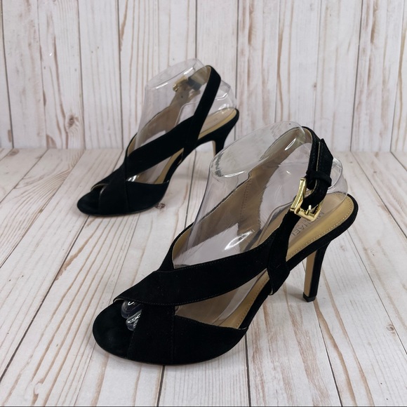 Michael Kors Shoes - Michael Kors Becky Heels Size 8 Black Suede Criss Cross Strappy Peep Toe
